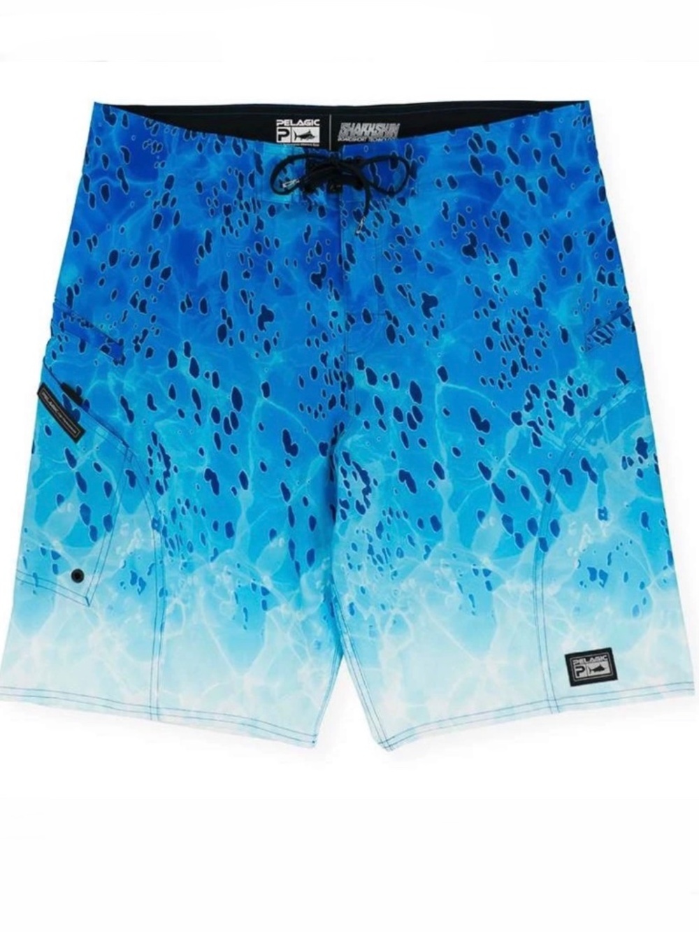 Pelagic Boys Blue Sharkskin Dorado Fishing Swim Shorts Trunks w/ Drawstrings